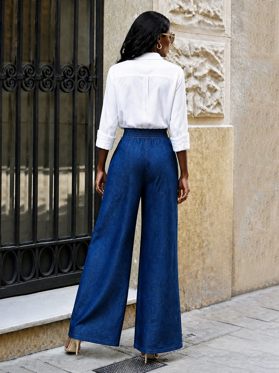 Pantalon boutonné à fermeture éclair, à poches, à jambes larges, taille haute, couleur unie