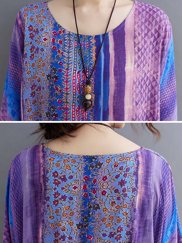 Robe mi-longue vintage à imprimé floral rayé et poche latérale