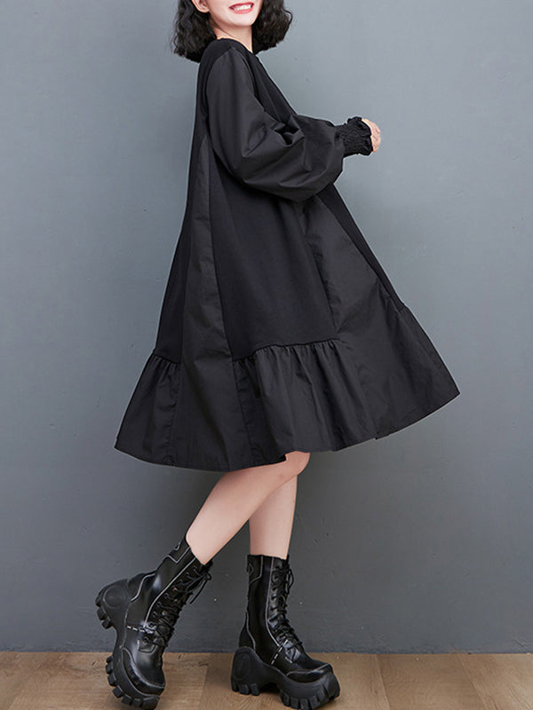 Robe mi-longue ample plissée à manches bouffantes, à empiècements, à col rond, couleur unie