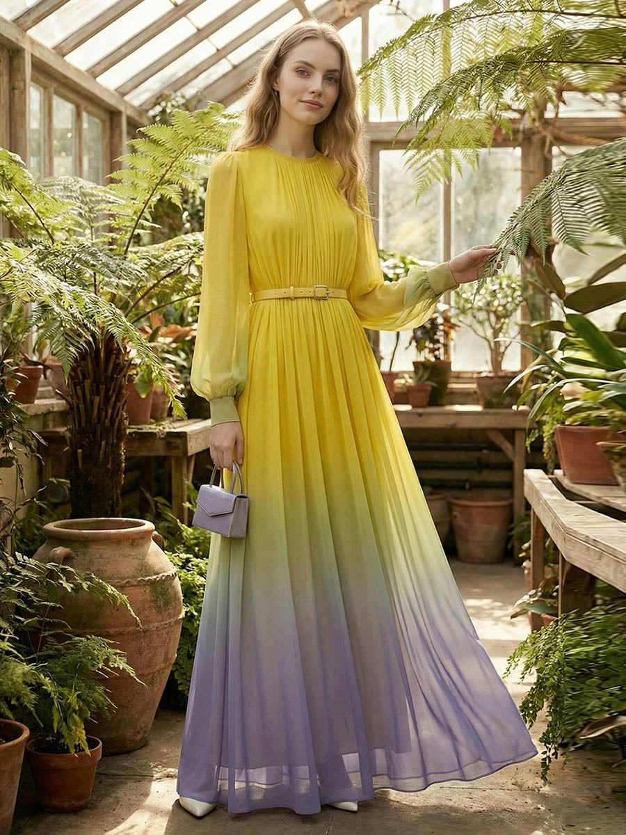 Robe longue plissée taille haute, à manches longues, avec ceinture, en dégradé, à empiècements, à col rond, couleur contrastée