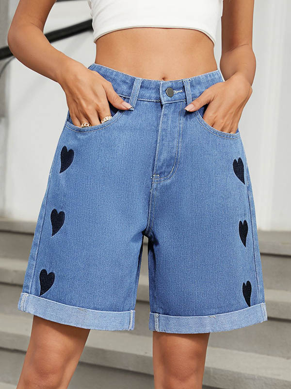 Jean ample boutonné taille haute, à imprimé cœurs, à poches