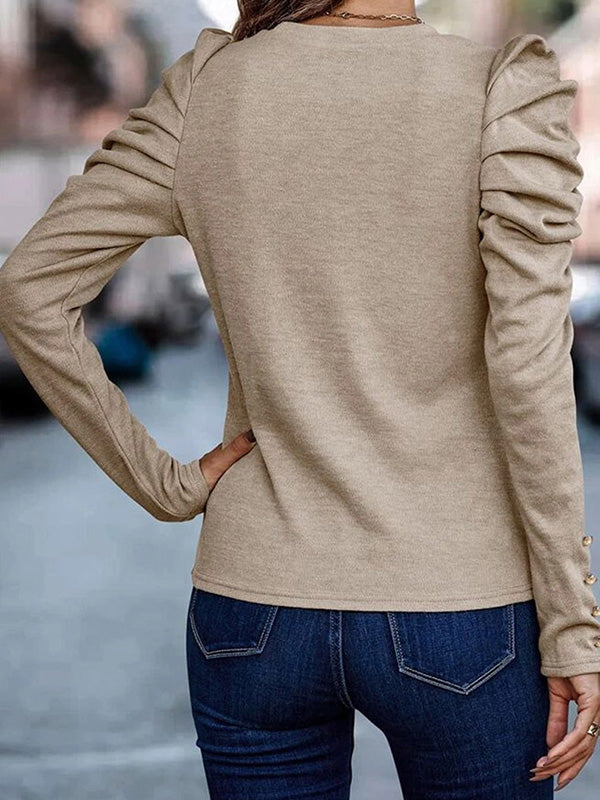 T-shirt boutonné plissé à manches bouffantes, à manches longues, à col rond