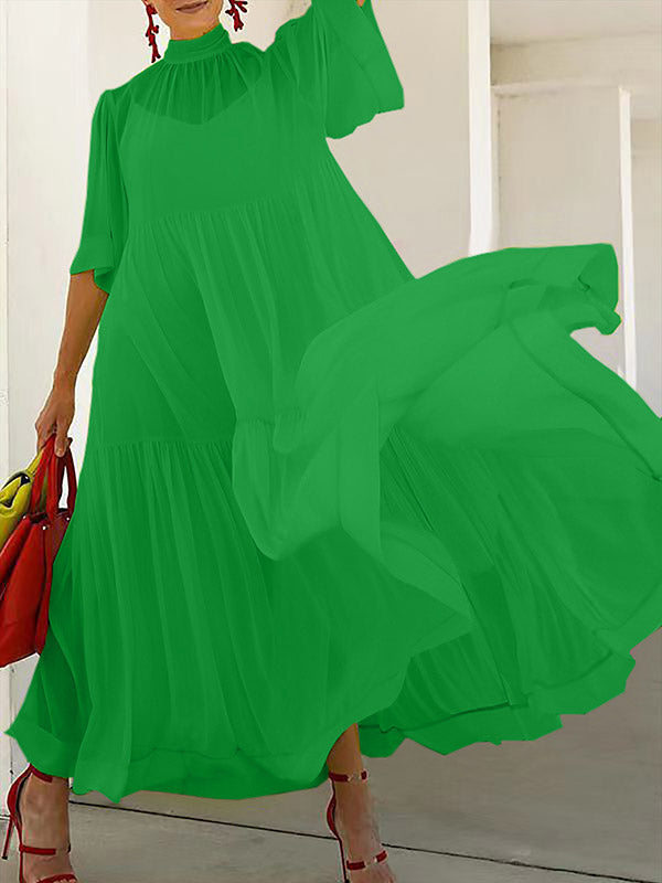 Ensemble deux pièces en maille plissée, ample, grande taille, couleur unie, fente à col montant, robes longues