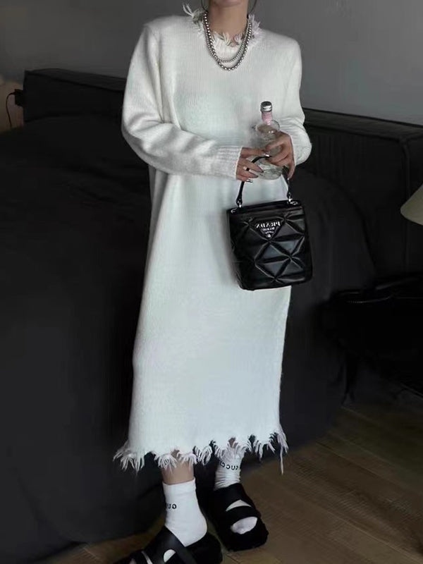 Robe pull taille haute, à manches longues, à franges, à col rond, couleur unie