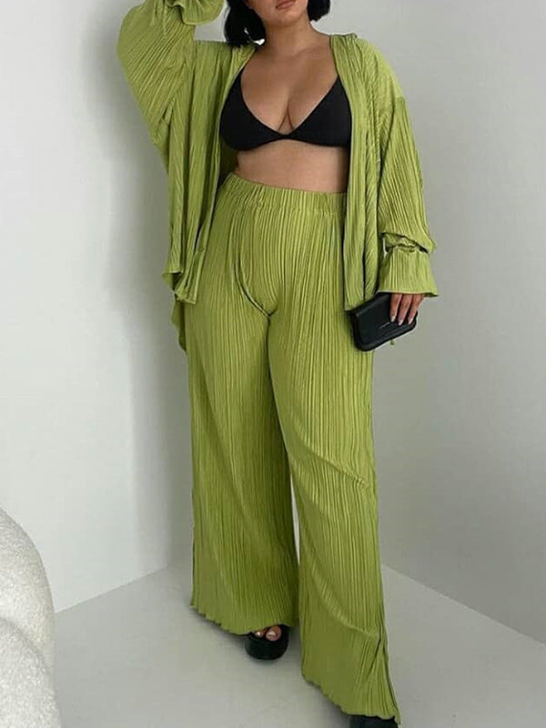 Ensemble pyjama à manches longues, manches évasées, boutonné, cordon de serrage plissé, couleur unie, chemises à revers fendues sur le côté, haut + pantalon, bas