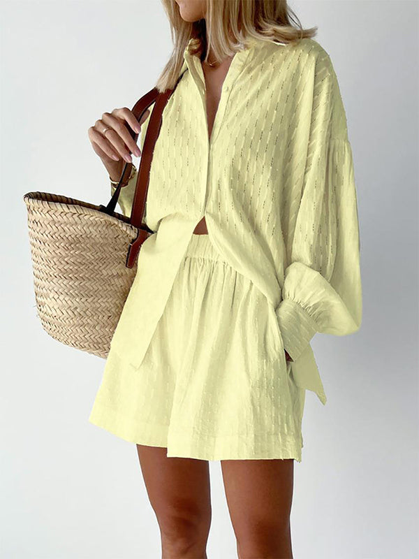 Ensemble deux pièces boutonné à ourlet plongeant, à manches longues, en jacquard, à col revers, couleur unie – chemise + haut + short