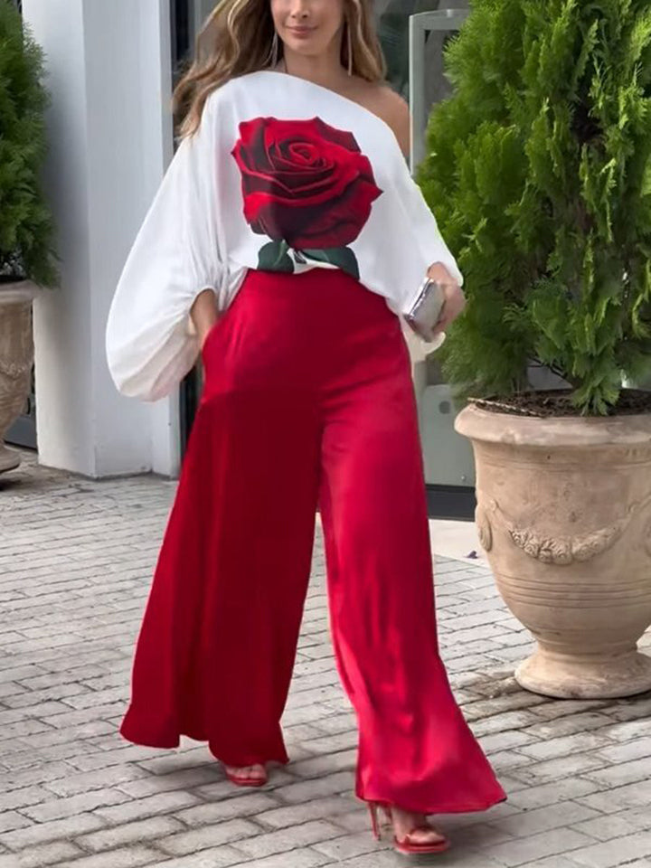 Ensemble deux pièces asymétrique taille haute, à manches longues, à taille élastique, à imprimé floral, à poches, asymétrique à une épaule, couleur unie