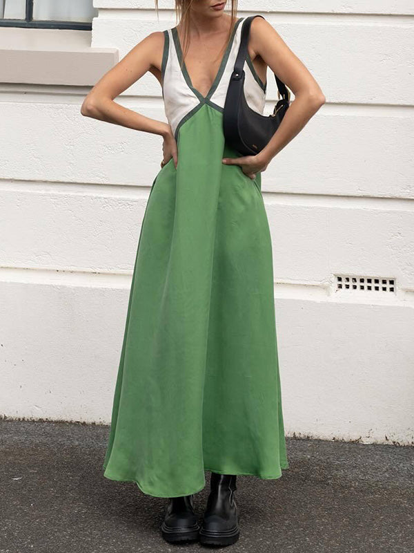 Robe longue ample sans manches, à empiècements, à décolleté en V profond, couleur contrastée