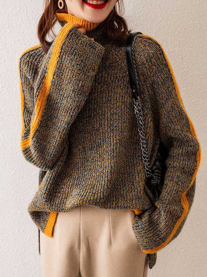 Pull décontracté à manches longues, ample, couleur contrastée, demi-col roulé
