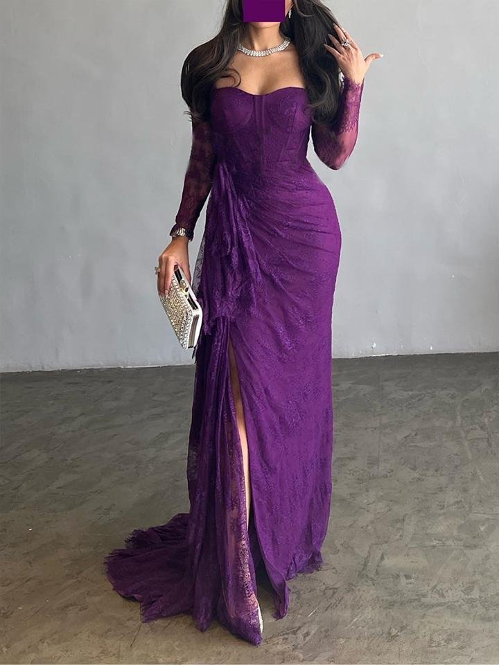 Robe de soirée longue transparente fendue sur le côté à manches longues, coupe sirène, en résille, à col carré