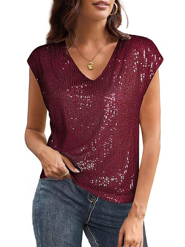 T-shirt ample à manches raglan, à sequins, à col en V, couleur unie