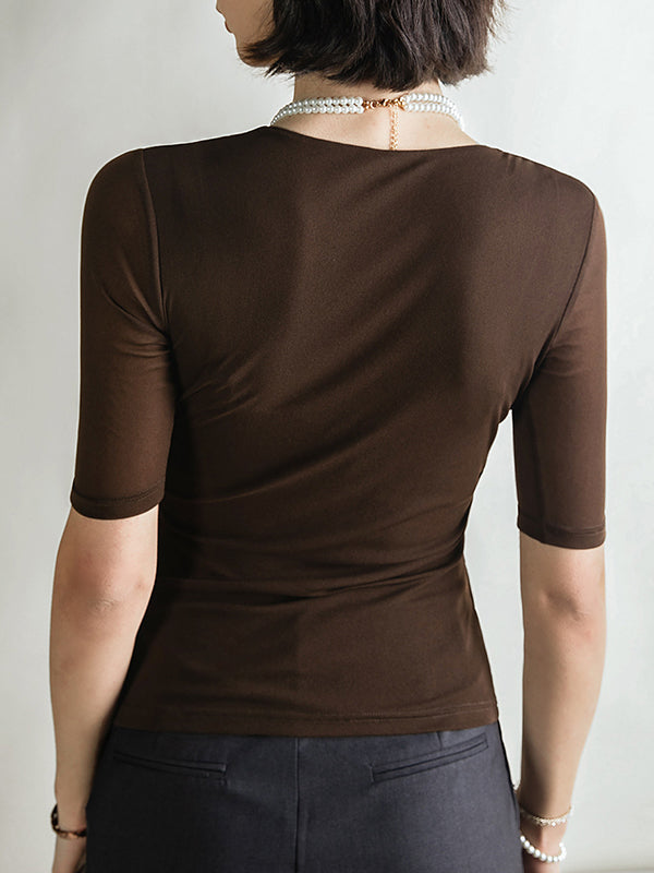 T-shirt plissé à manches mi-longues, coupe près du corps, à col en V, couleur unie