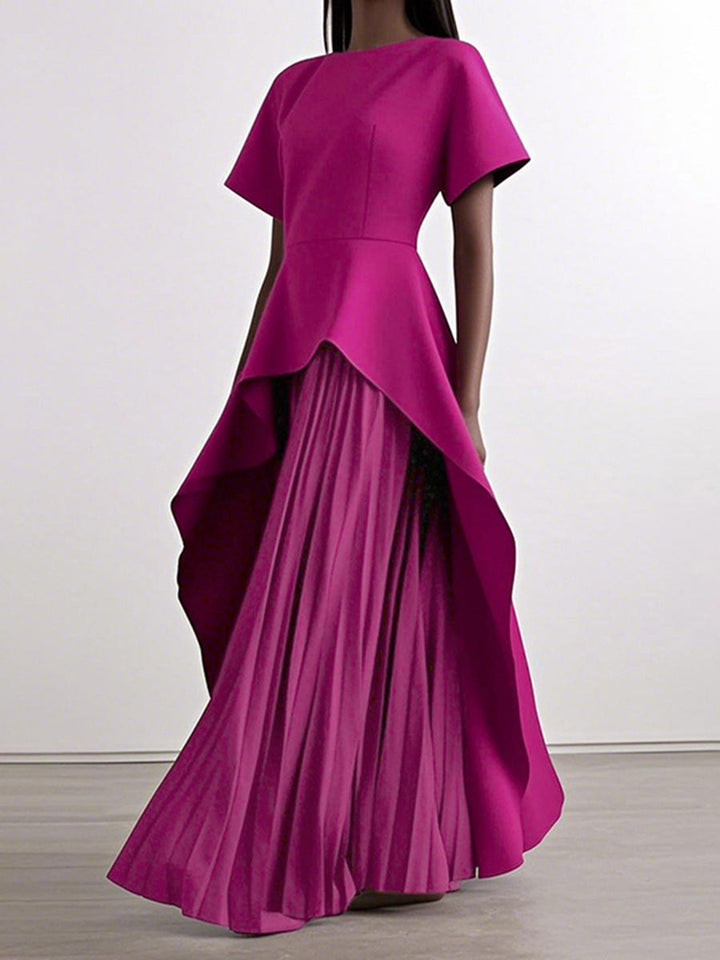 Robe longue plissée coupe trapèze, taille haute, à empiècements, à col rond, couleur unie