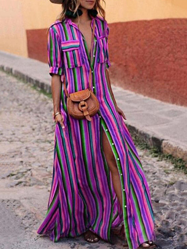 Robe chemise ample rayée à manches longues, à empiècements, à col revers