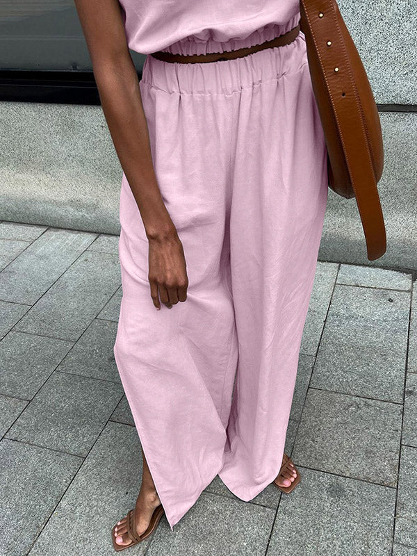 Ensemble deux pièces avec gilet à col rond et pantalon taille haute fendu sur le côté, élasticité ample, couleur unie