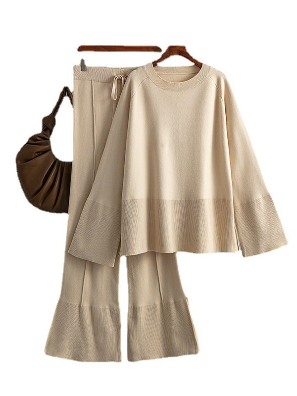Ensemble deux pièces décontracté ample à manches longues, à col rond, à jambes larges, couleur unie – pull + pantalon