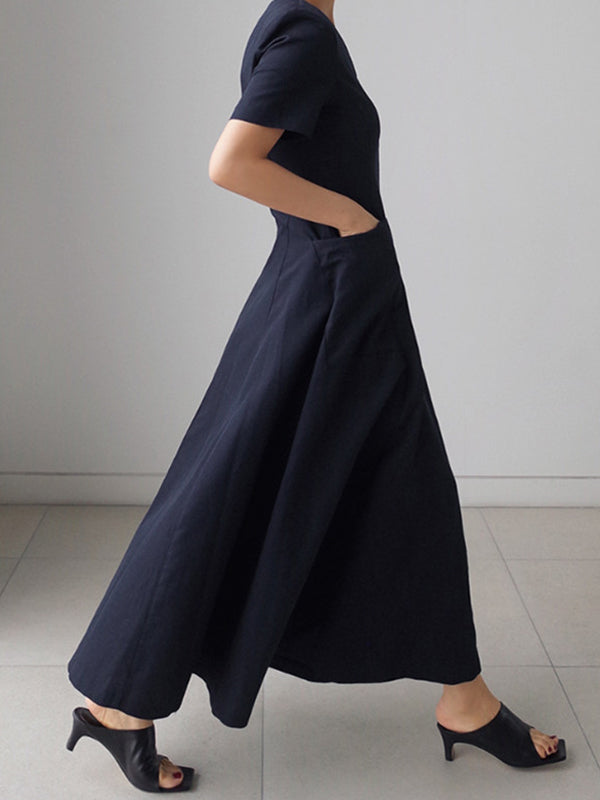 Robe mi-longue simple décontractée plissée couleur unie