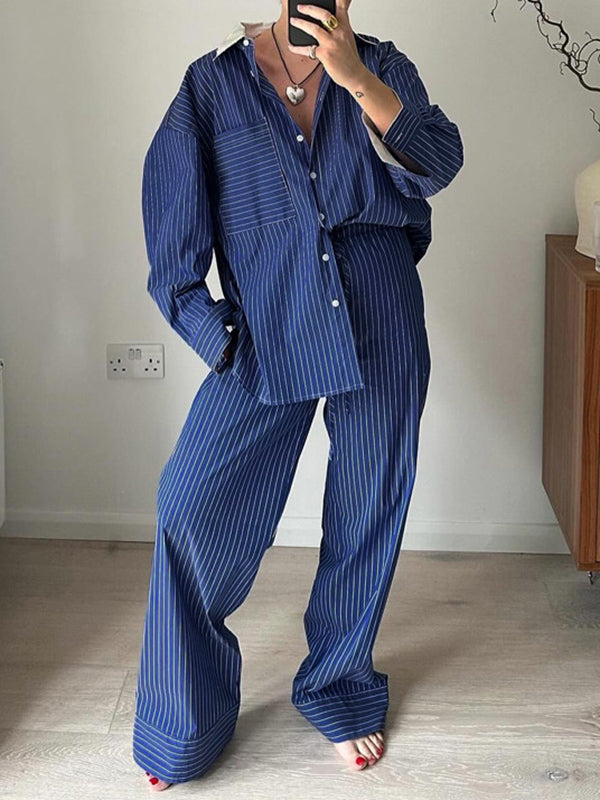 Ensemble deux pièces ample boutonné rayé à manches longues, à poches, à empiècements, à col revers – chemisier + haut + pantalon