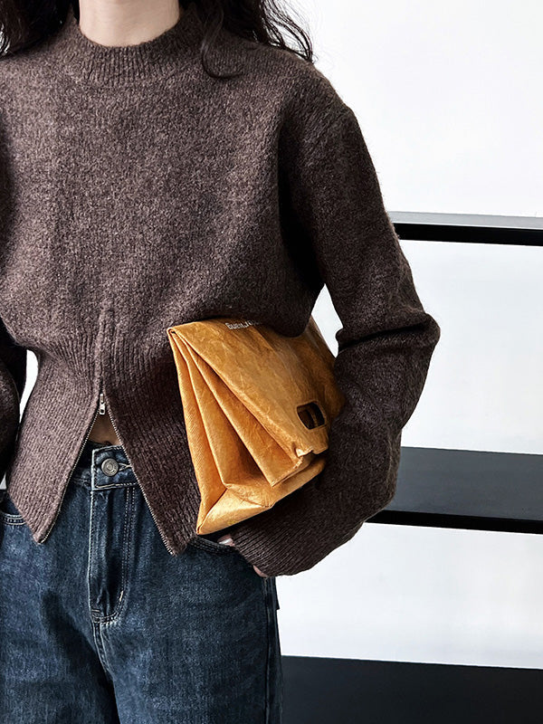 Pull ample à manches longues, à fermeture éclair, à col cheminée, couleur unie