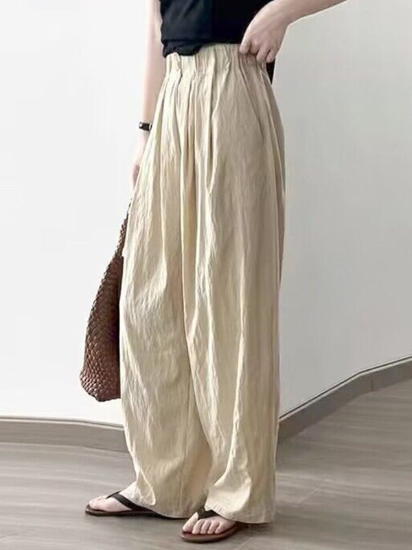 Pantalon ample plissé taille haute, à taille élastique, à poches, couleur unie