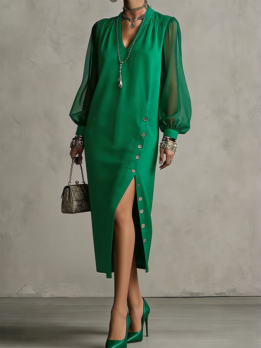 Robe mi-longue boutonnée plissée fendue sur le côté à manches longues, à manches bouffantes, à col en V, couleur unie