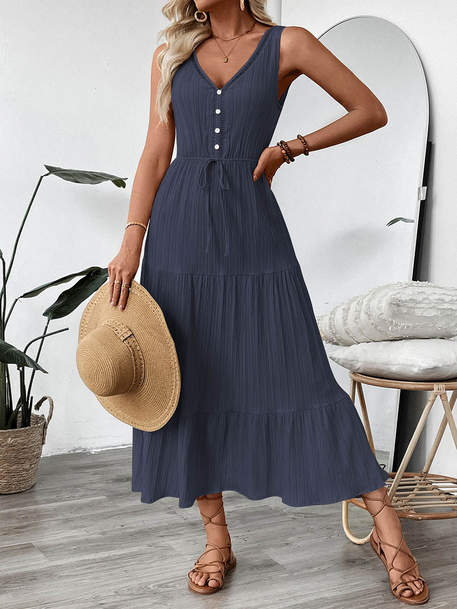 Robe longue boutonnée plissée coupe trapèze, taille haute, à taille nouée, à col en V, couleur unie