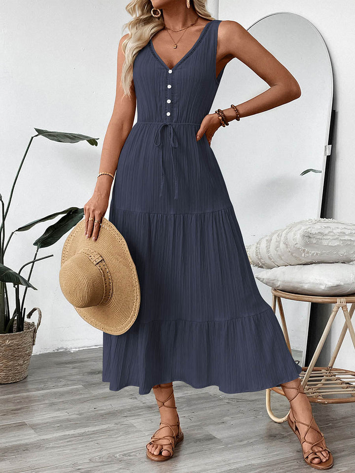 Robe longue boutonnée plissée coupe trapèze, taille haute, à taille nouée, à col en V, couleur unie