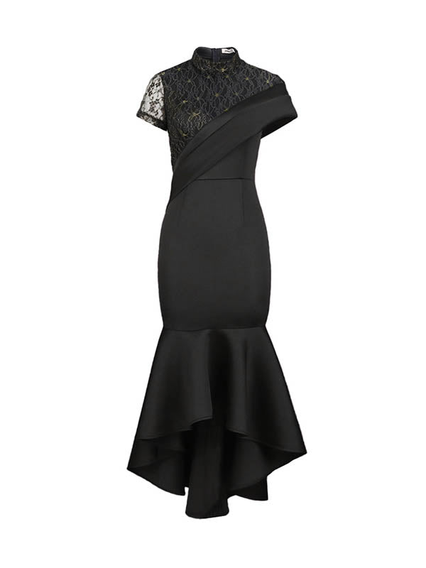 Robe mi-longue moulante taille haute, à bordure volantée, à empiècements, à col rond, couleur unie