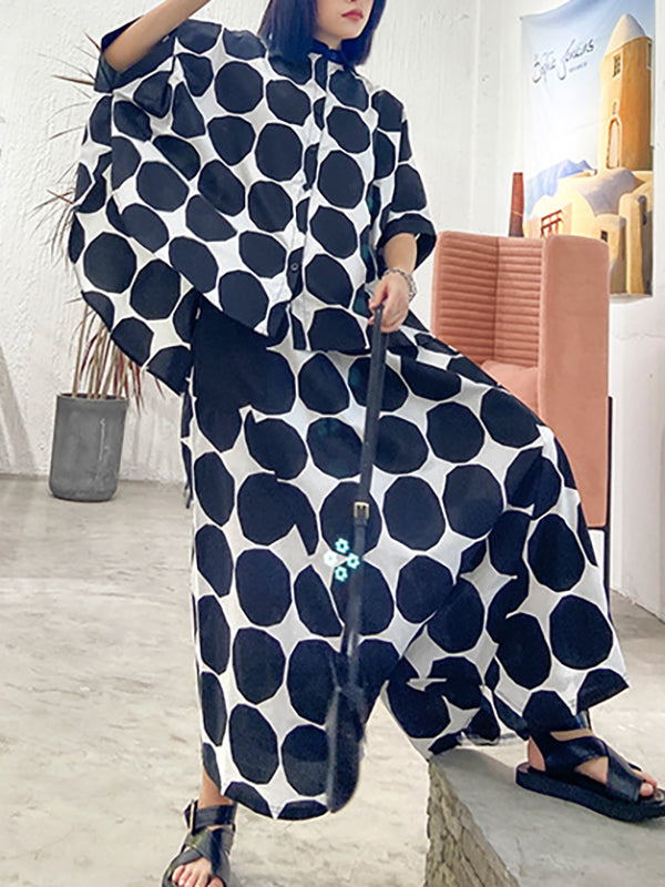 Ensemble deux pièces boutonné à manches chauve-souris, à pois, à col rond, à taille élastique, à poches – chemise + haut + sarouel + pantalon