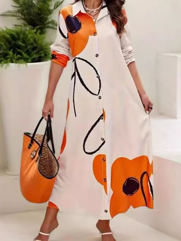 Robe chemise ample à manches longues, à imprimé floral, à empiècements, à col revers