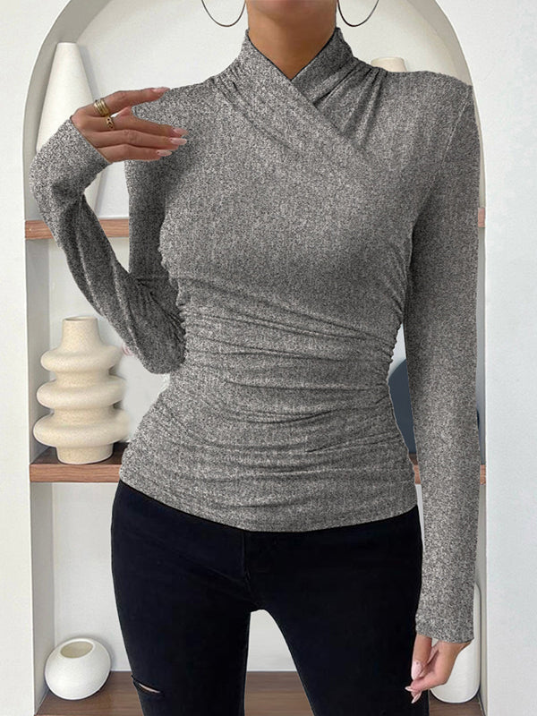 T-shirt plissé à manches longues, coupe près du corps, à col cheminée, couleur unie
