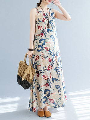 Robe longue ample sans manches, à imprimé floral, à col rond