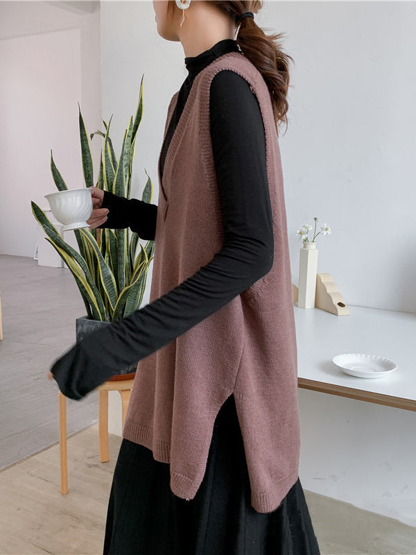 Gilet tricoté sans manches à la mode, fendu sur le côté, couleur unie, col en V
