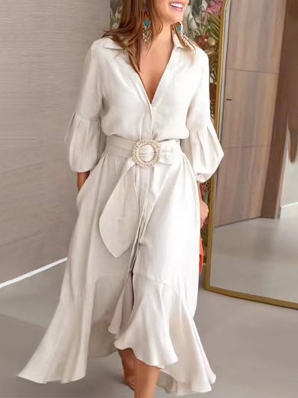 Robe longue plissée à ourlet plongeant, à manches bouffantes, à col revers, couleur unie