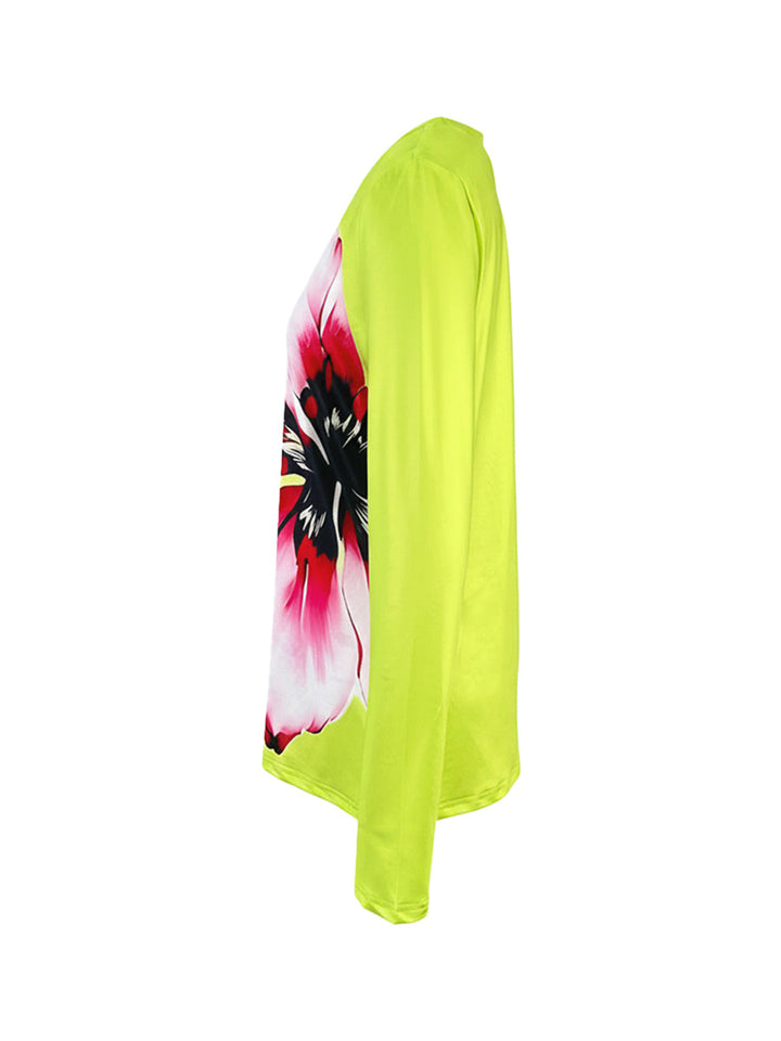 T-shirt à manches longues, à imprimé floral, à empiècements, à col rond, couleur contrastée