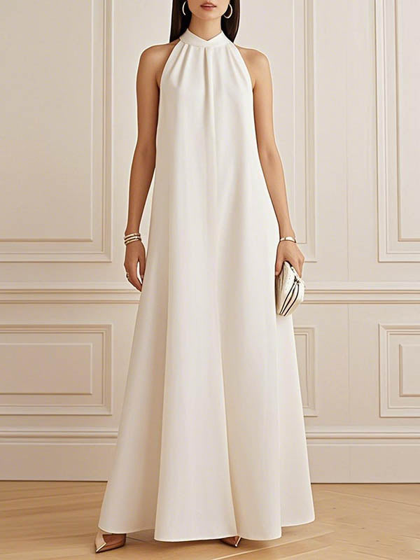 Robe longue ample plissée coupe trapèze, à col cheminée, couleur unie