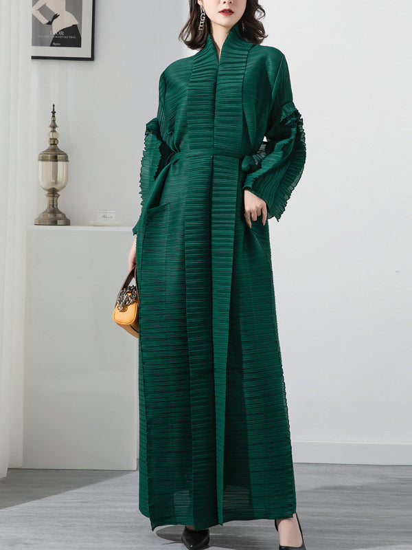 Robe mi-longue décontractée ample nouée plissée à manches longues, à col montant