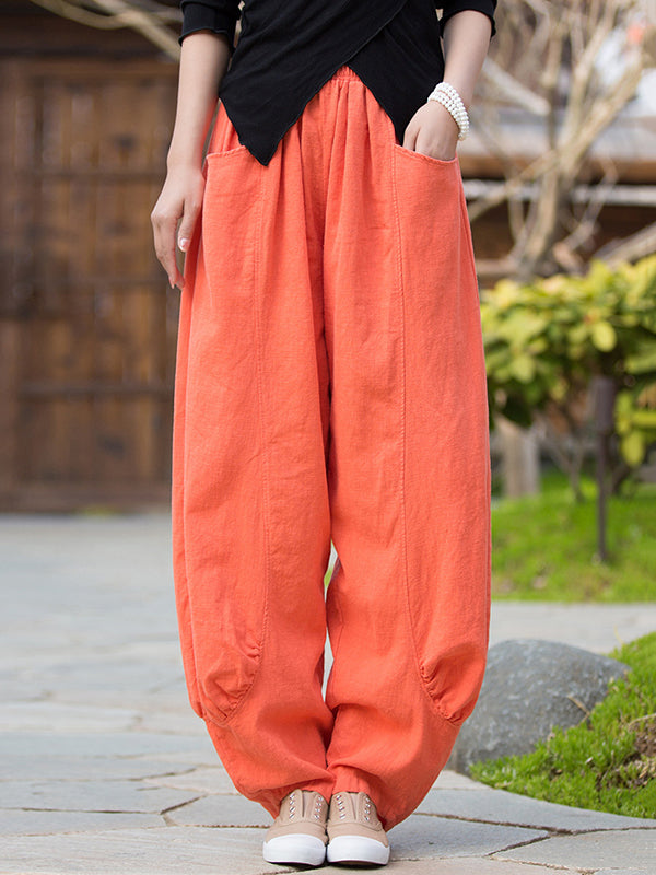 Pantalon en lin décontracté à jambes larges, taille haute, couleur unie, 7 couleurs