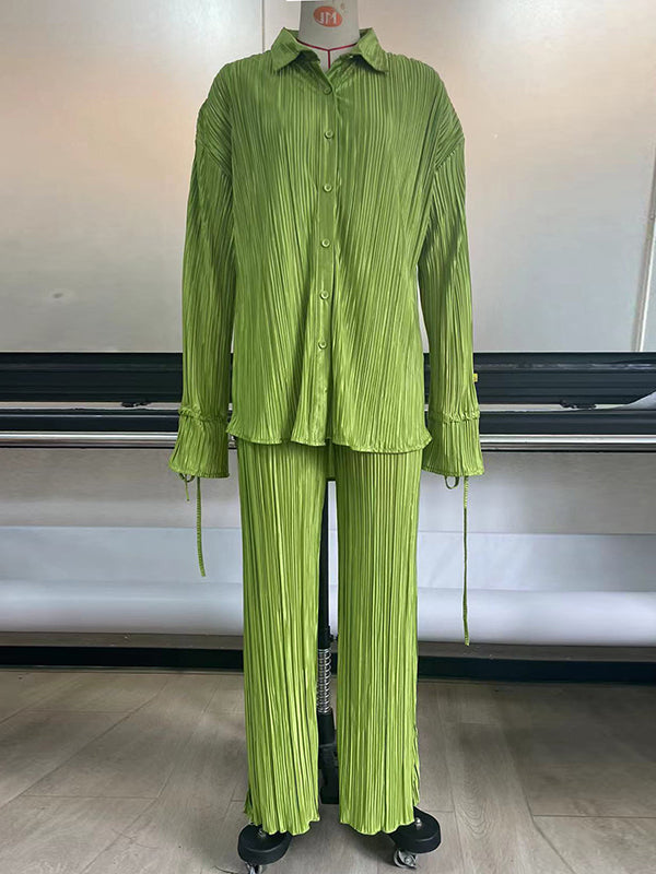 Ensemble pyjama à manches longues, manches évasées, boutonné, cordon de serrage plissé, couleur unie, chemises à revers fendues sur le côté, haut + pantalon, bas