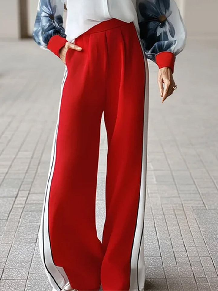 Pantalon ample plissé rayé taille haute, à poches, à empiècements, couleur contrastée