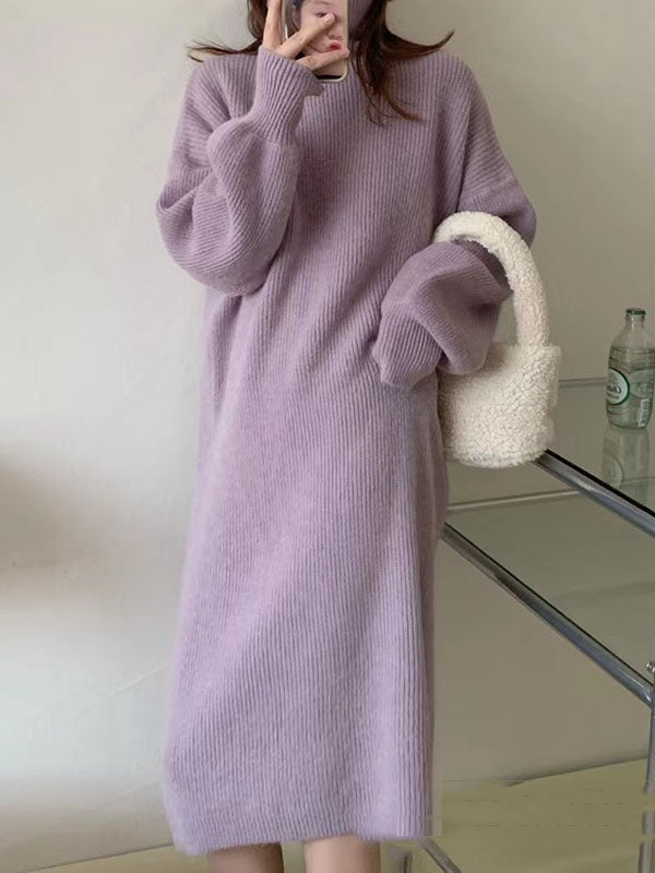 Robe pull ample à manches longues, à col haut, couleur unie