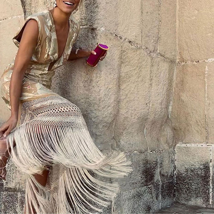 Renata - Robe Maxi de Fête Fleurie avec Franges en V Profond