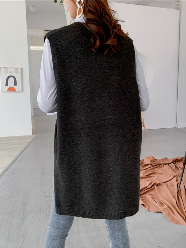 Gilet tricoté sans manches à la mode, fendu sur le côté, couleur unie, col en V