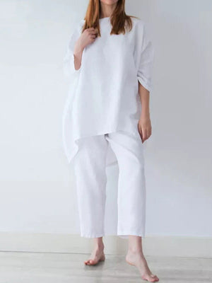 Ensemble deux pièces décontracté ample à manches longues, couleur unie – t-shirt + pantalon