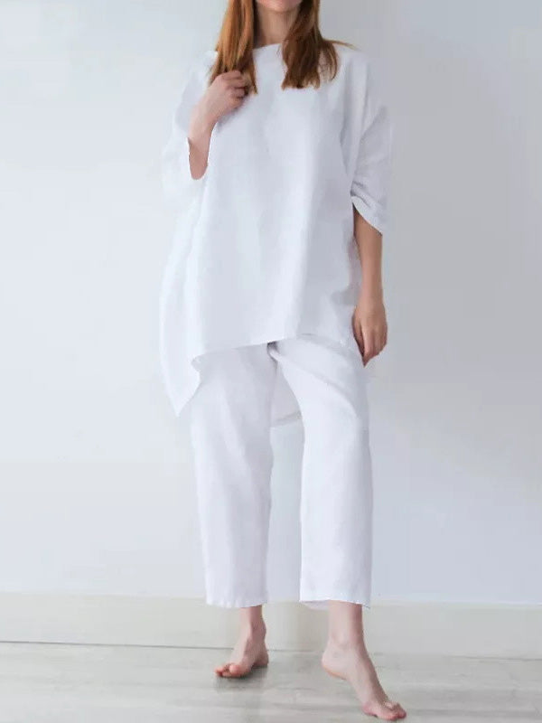Ensemble deux pièces décontracté ample à manches longues, couleur unie – t-shirt + pantalon