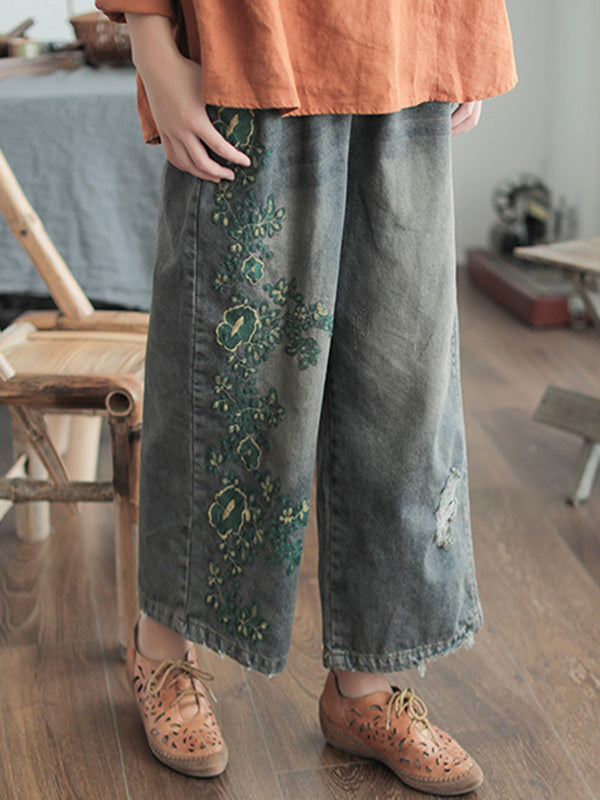 Pantalon en jean colonne à jambe large brodé Original