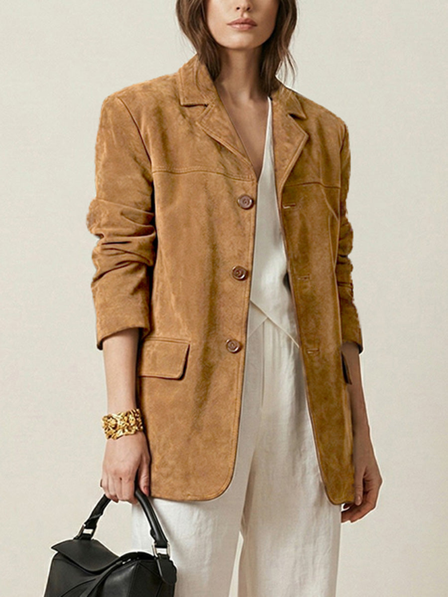 Blazer ample boutonné à manches longues, à empiècements, à col cranté, couleur unie