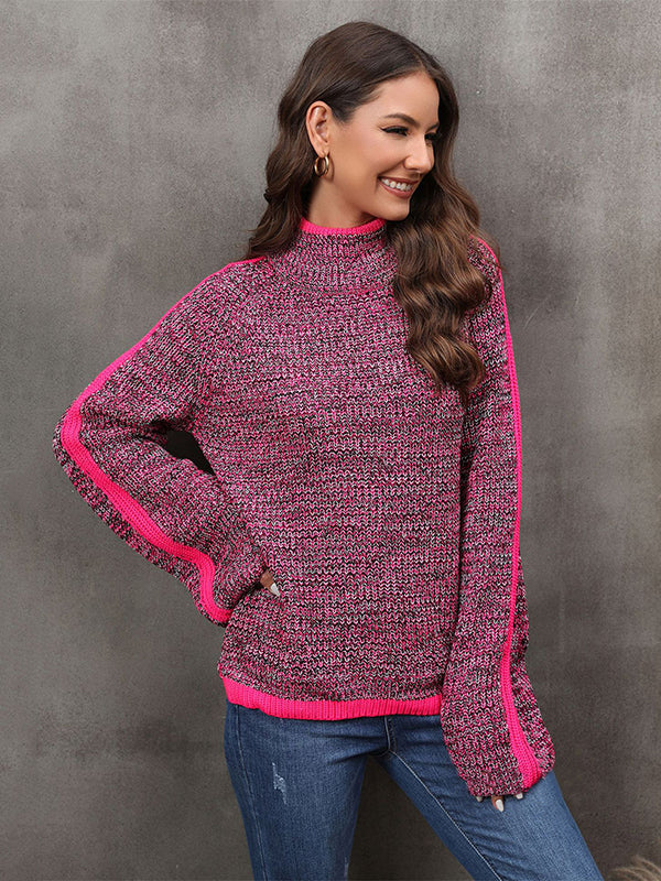 Pull décontracté à manches longues, ample, couleur contrastée, demi-col roulé