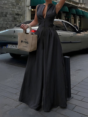 Combinaison ample taille haute, à poches, à fermeture éclair, à col en V, couleur unie