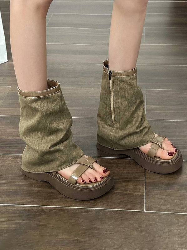 Bottes à fermeture éclair creuses à empiècements et à bout fendu, chaussures à plateforme, sandales